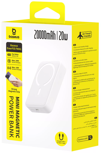 Bateria Externa Wireless Baseus EnerFill FM41 Mini, 20000mAh, 20W, PD + FQI, 1 x QI - 1 x USB-C, Branco E0027U01