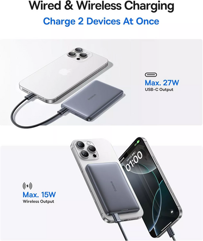 Bateria Externa Wireless Baseus PicoGo AM41, 10000mAh, 27W, PD + FQI, 1 x QI - 1 x USB-C, Cinza E0027200