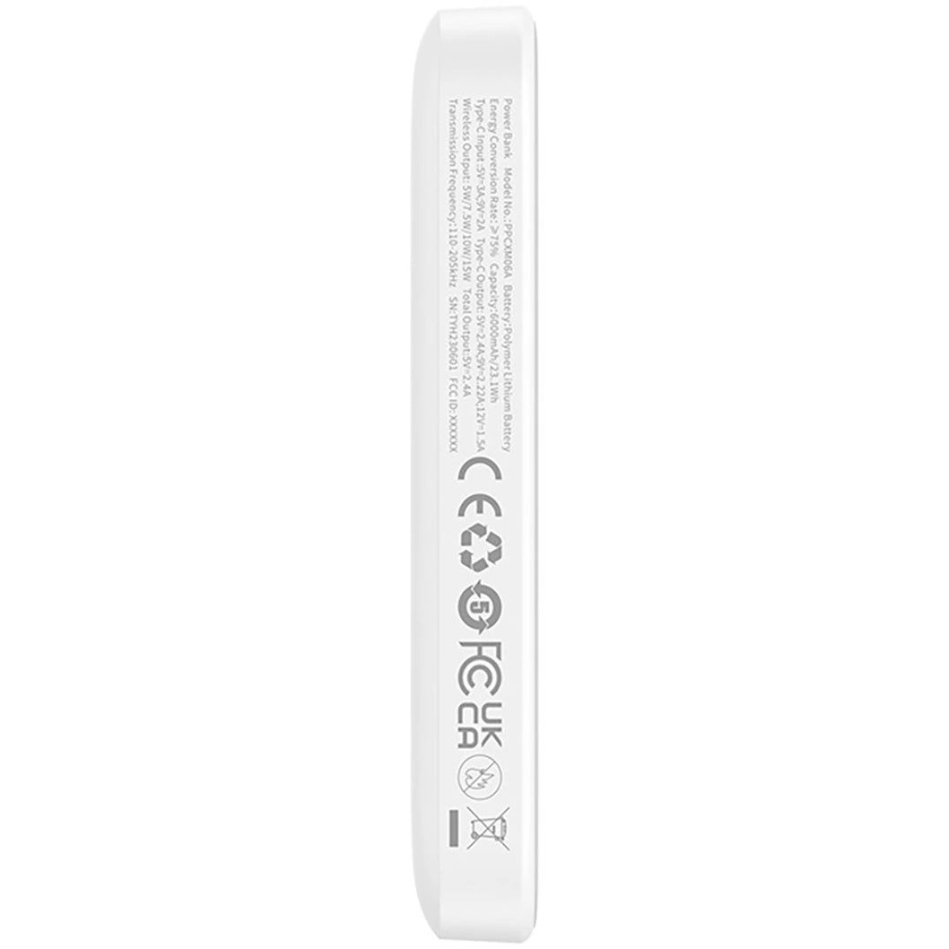 Bateria externa sem fios Baseus Magnetic Mini, 6000mAh, 20W, PD + FQI, 1 x QI - 1 x USB-C, branco 