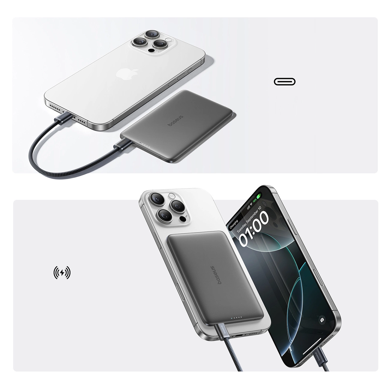 Bateria Externa Wireless Baseus PicoGo AM41, 5000mAh, 20W, PD + FQI, 1 x QI - 1 x USB-C, Preta