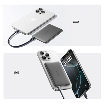 Bateria Externa Wireless Baseus PicoGo AM41, 5000mAh, 20W, PD + FQI, 1 x QI - 1 x USB-C, Preta