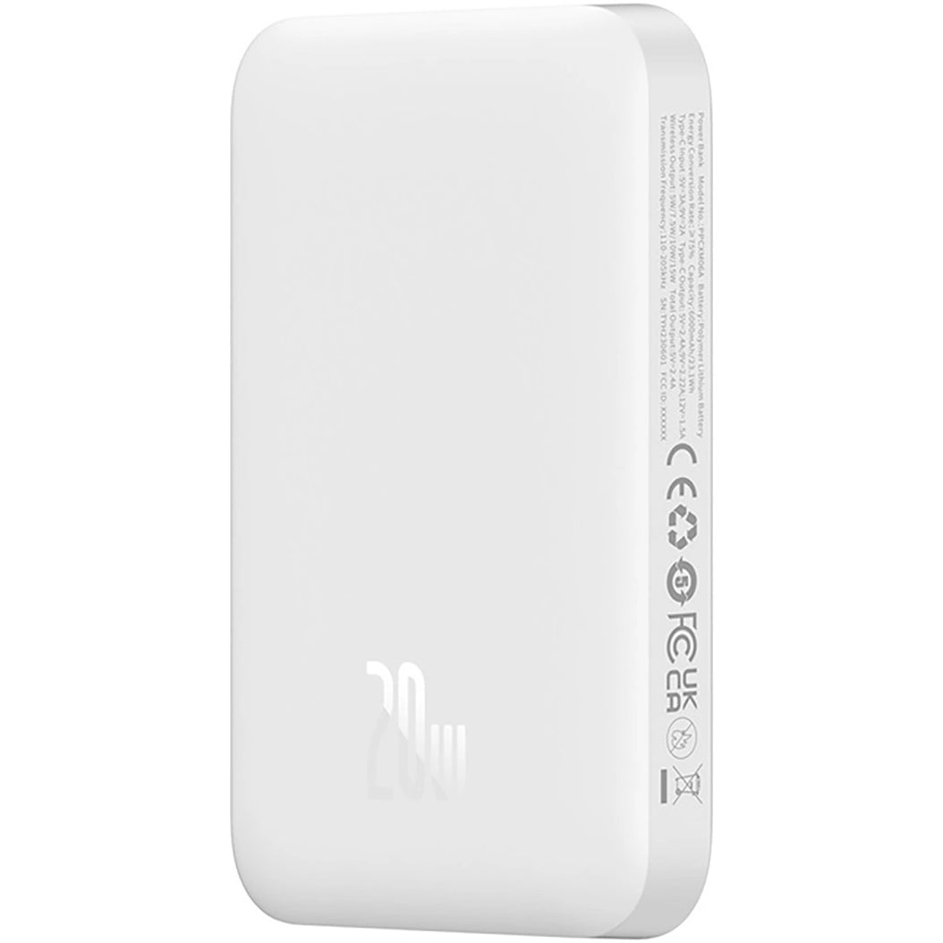 Bateria externa sem fios Baseus Magnetic Mini, 6000mAh, 20W, PD + FQI, 1 x QI - 1 x USB-C, branco 