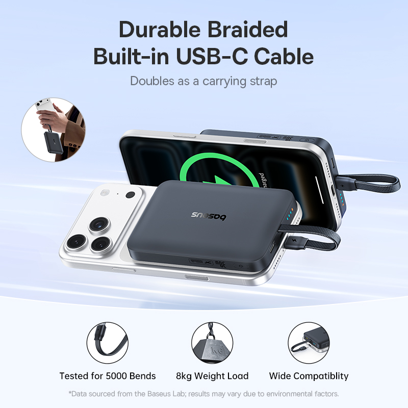 Bateria Externa Wireless Baseus EnerFill FM11, 10000 mAh, 30 W, PD + FQI, 1 x QI - 2 x USB-C, Preta E0028904