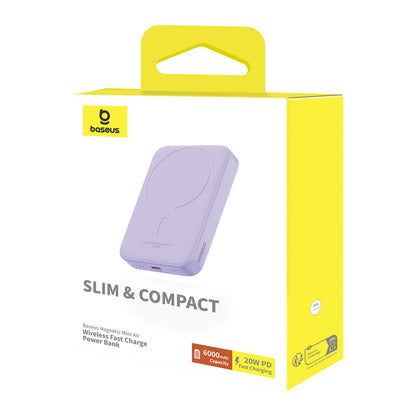 Bateria Externa Wireless Baseus Mini Air, 6000mAh, 20W, PD + FQI, 1 x QI - 1 x USB-C, Roxo P10059002513-00