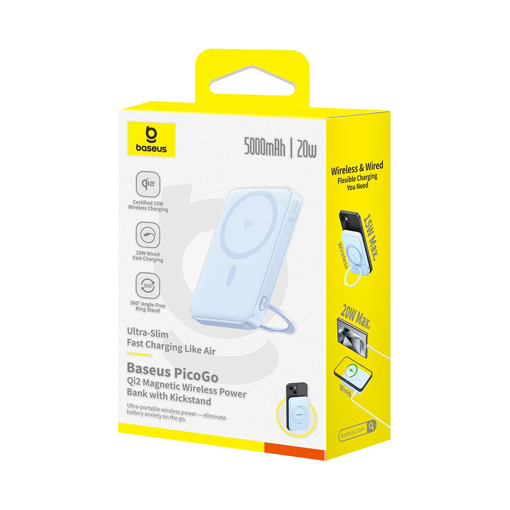 Bateria Externa Wireless Baseus PicoGo, 5000mAh, 20W, PD + FQI, 1 x QI - 1 x USB-C, Azul P10076800313-00