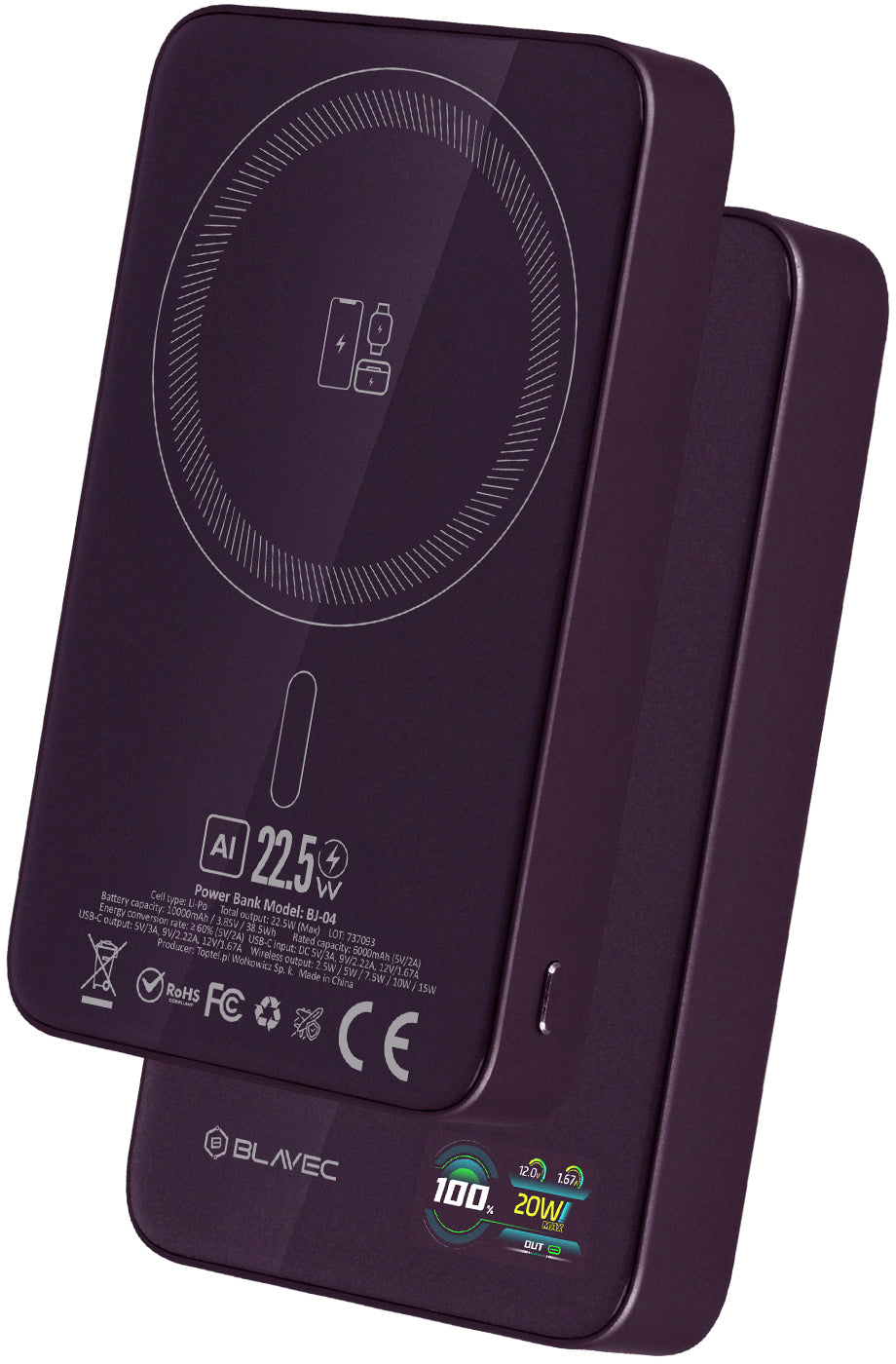Bateria Externa Wireless Blavec BJ-04 Slim, 10000 mAh, 22,5 W, PD + FQI, 1 x QI - 1 x USB-C, Roxa