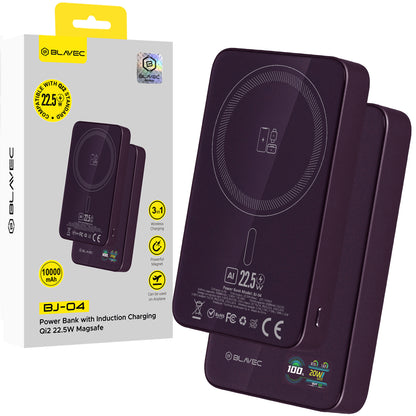 Bateria Externa Wireless Blavec BJ-04 Slim, 10000 mAh, 22,5 W, PD + FQI, 1 x QI - 1 x USB-C, Roxa