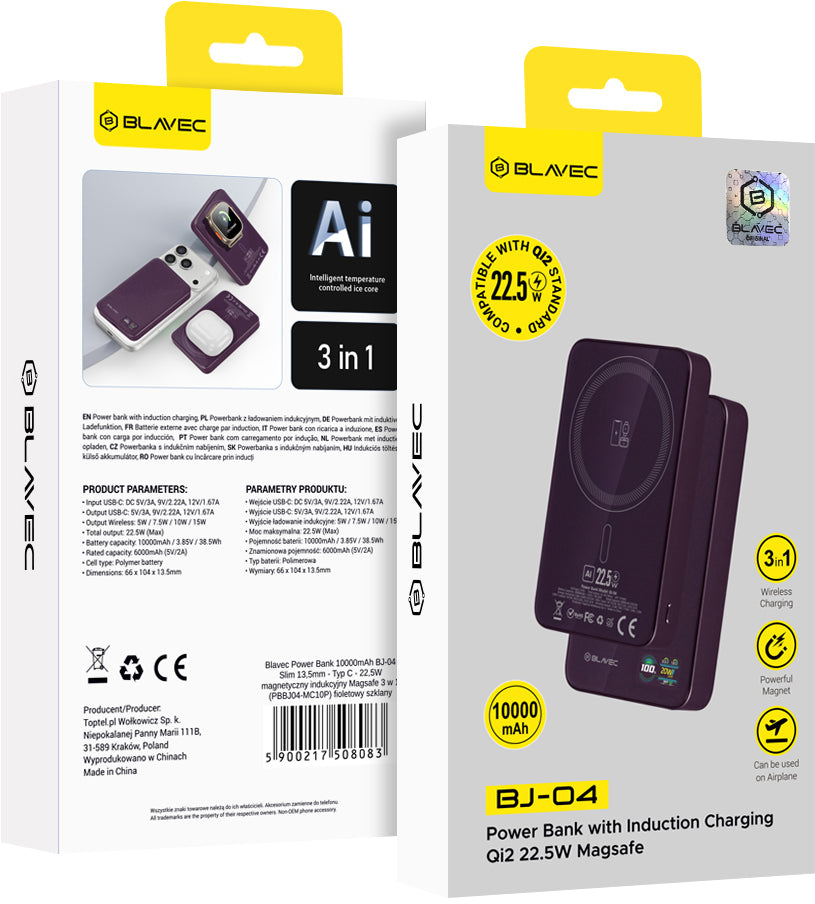 Bateria Externa Wireless Blavec BJ-04 Slim, 10000 mAh, 22,5 W, PD + FQI, 1 x QI - 1 x USB-C, Roxa