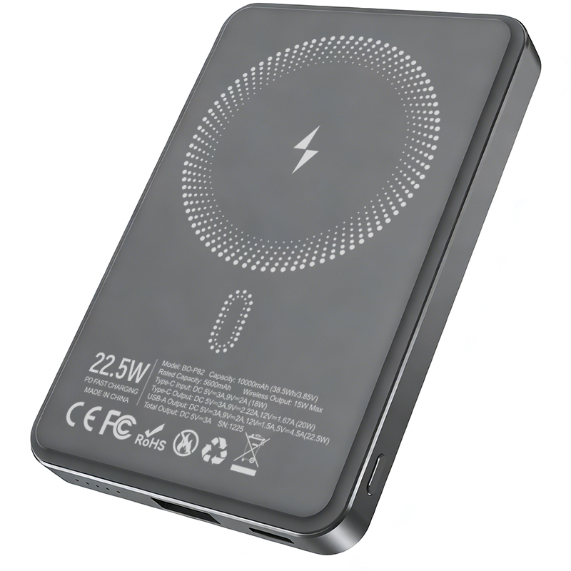 Bateria Externa Wireless BWOO BO-P82, 10000mAh, 22.5W, PD + FQI, 1 x QI - 1 x USB-C, Cinzento
