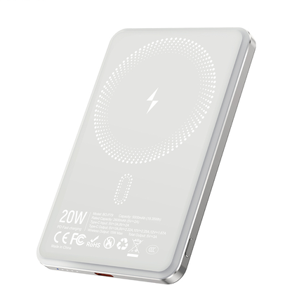 Bateria Externa Wireless BWOO P79, 5000mAh, 20W, PD + FQI, 1 x QI - 1 x USB-C, Cinzento