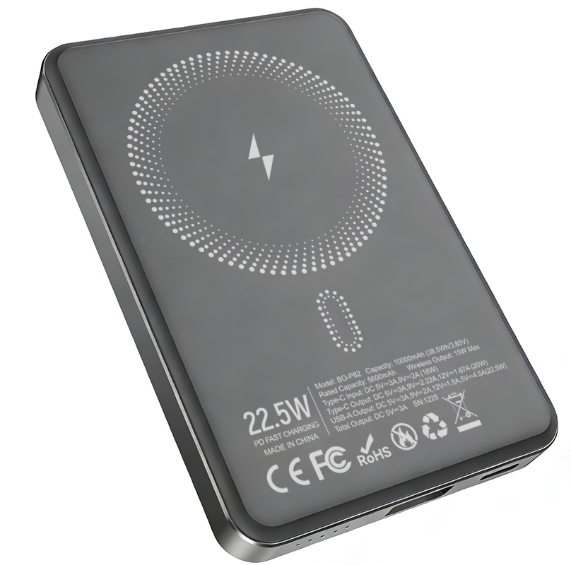 Bateria Externa Wireless BWOO BO-P82, 10000mAh, 22.5W, PD + FQI, 1 x QI - 1 x USB-C, Cinzento