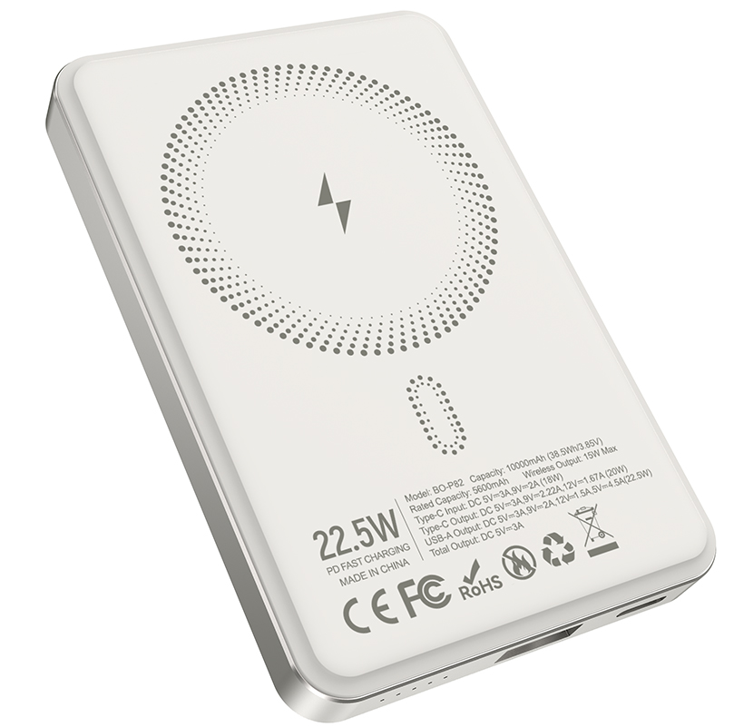 Bateria Externa Wireless BWOO BO-P82, 10000mAh, 22,5W, PD + FQI, 1 x QI - 1 x USB-C, Branco