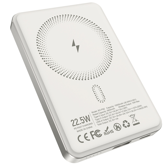 Bateria Externa Wireless BWOO BO-P82, 10000mAh, 22,5W, PD + FQI, 1 x QI - 1 x USB-C, Branco
