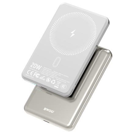 Bateria Externa Wireless BWOO P79, 5000mAh, 20W, PD + FQI, 1 x QI - 1 x USB-C, Cinzento