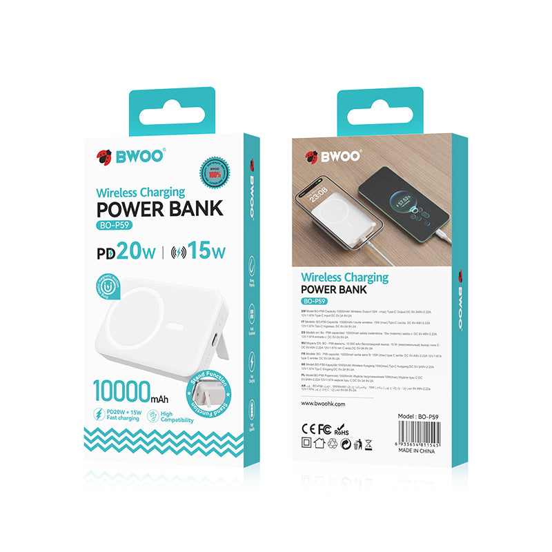 Bateria Externa Wireless BWOO BO-P59, 10000mAh, 20W, PD + QI, 1 x QI - 1 x USB-C, Branca