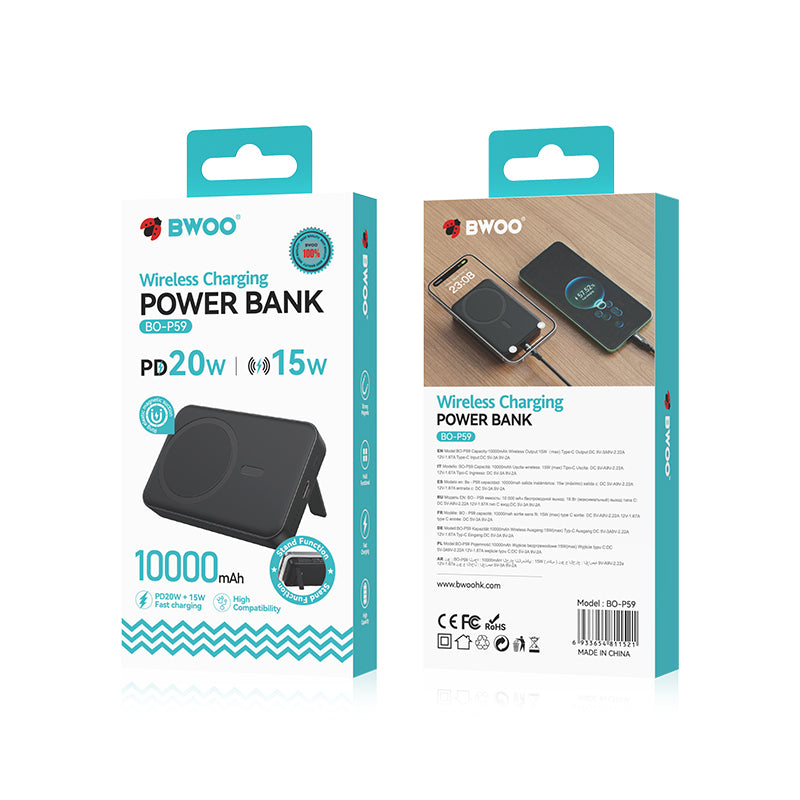 Bateria Externa Wireless BWOO BO-P59, 10000mAh, 20W, PD + FQI, 1 x QI - 1 x USB-C, Preta