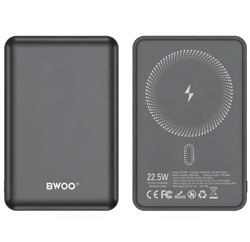 Bateria Externa Wireless BWOO BO-P82, 10000mAh, 22.5W, PD + FQI, 1 x QI - 1 x USB-C, Cinzento