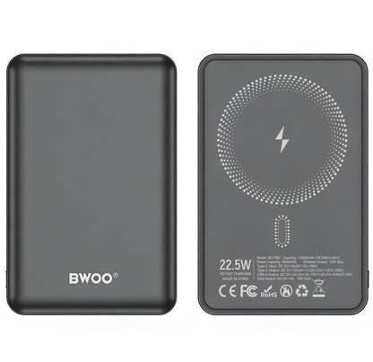 Bateria Externa Wireless BWOO BO-P82, 10000mAh, 22.5W, PD + FQI, 1 x QI - 1 x USB-C, Cinzento