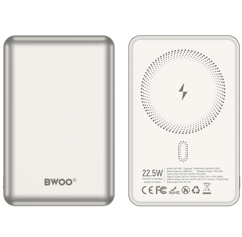 Bateria Externa Wireless BWOO BO-P82, 10000mAh, 22,5W, PD + FQI, 1 x QI - 1 x USB-C, Branco