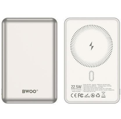 Bateria Externa Wireless BWOO BO-P82, 10000mAh, 22,5W, PD + FQI, 1 x QI - 1 x USB-C, Branco