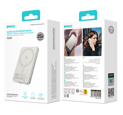 Bateria Externa Wireless BWOO P79, 5000mAh, 20W, PD + FQI, 1 x QI - 1 x USB-C, Cinzento