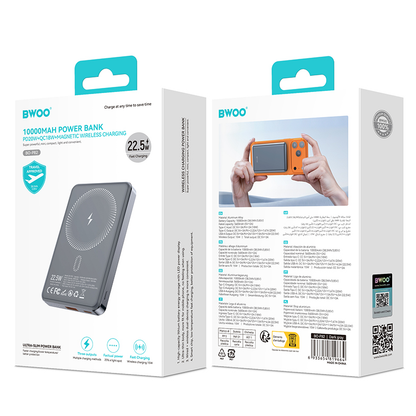 Bateria Externa Wireless BWOO BO-P82, 10000mAh, 22.5W, PD + FQI, 1 x QI - 1 x USB-C, Cinzento