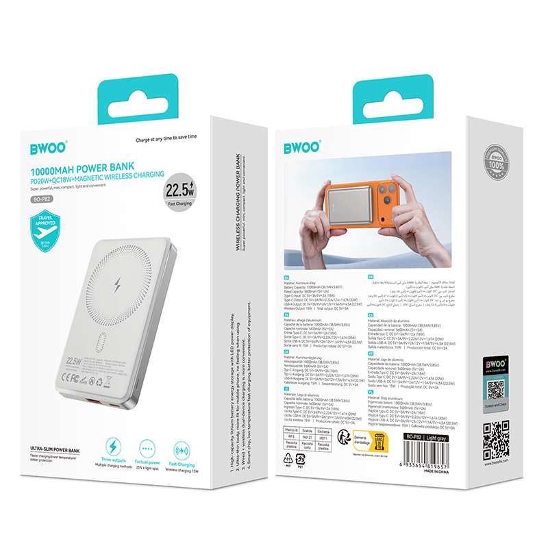 Bateria Externa Wireless BWOO BO-P82, 10000mAh, 22,5W, PD + FQI, 1 x QI - 1 x USB-C, Branco