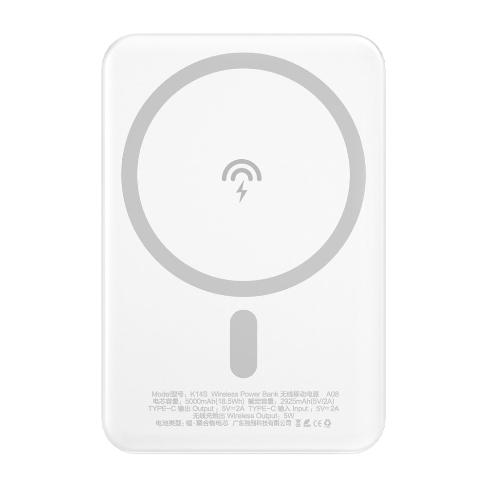 Bateria Externa Wireless Dudao K14S, 5000mAh, 10W, PD + QI, 1 x QI - 1 x USB-C, Branca