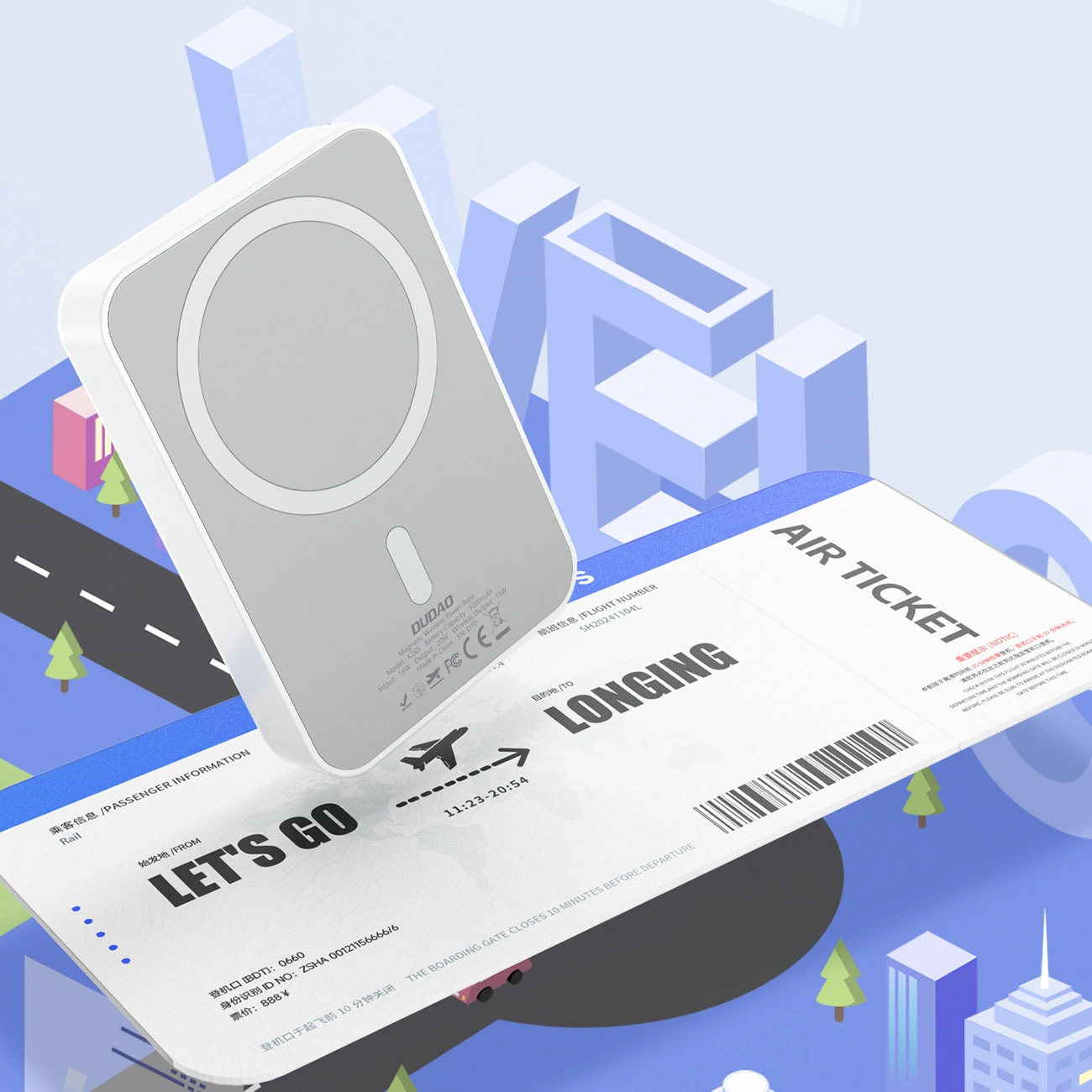 Dudao K26 Wireless External Battery, 10000mAh, 20W, PD + FQI, 1 x QI - 1 x USB-C, White