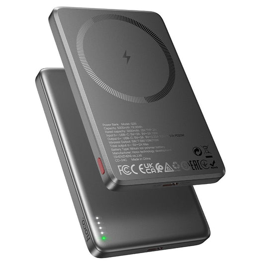 Bateria Externa Wireless HOCO Q26, 5000mAh, 20W, PD + FQI, 1 x QI - 1 x USB-C, Cinzento