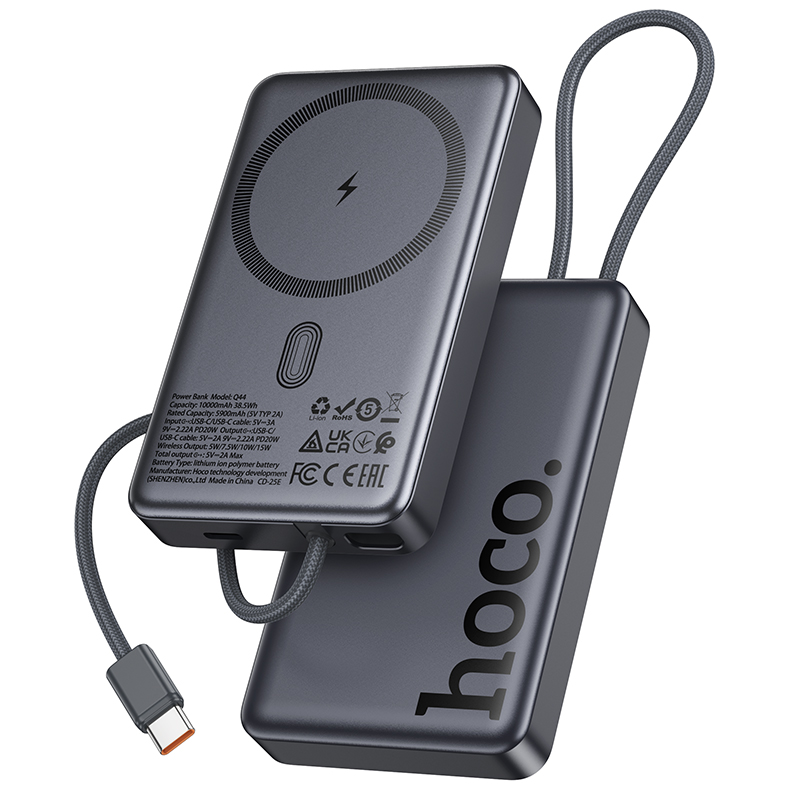 Bateria Externa Wireless HOCO Q44, 10000mAh, 20W, PD + FQI, 1 x QI - 2 x USB-C, Cinzento