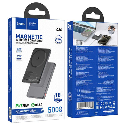 Bateria Externa Wireless HOCO Q26, 5000mAh, 20W, PD + FQI, 1 x QI - 1 x USB-C, Cinzento