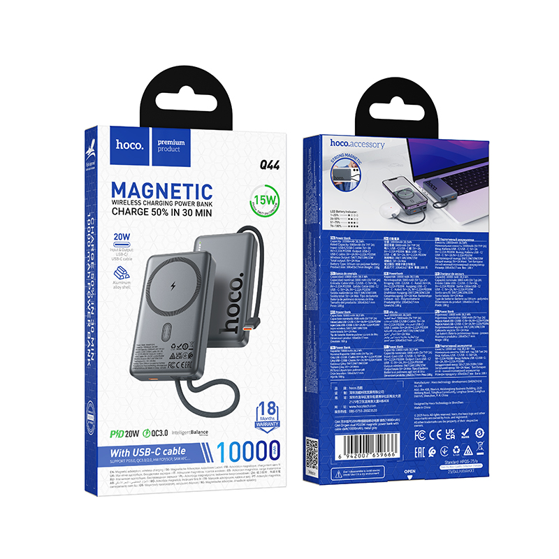 Bateria Externa Wireless HOCO Q44, 10000mAh, 20W, PD + FQI, 1 x QI - 2 x USB-C, Cinzento
