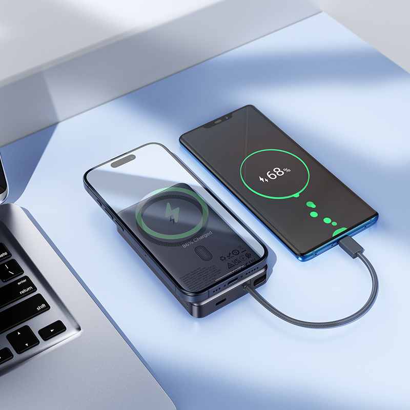 Bateria Externa Wireless HOCO Q44, 10000mAh, 20W, PD + FQI, 1 x QI - 2 x USB-C, Cinzento