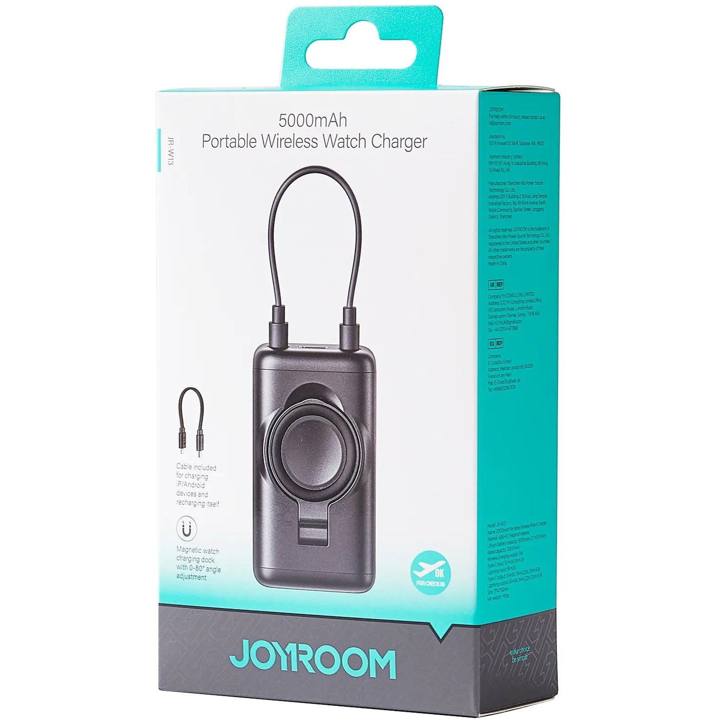 Bateria Externa Wireless Joyroom JR-W13, 5000mAh, 18W, PD + QI, 1 x Lightning - 1 x QI - 1 x USB-C, Preta