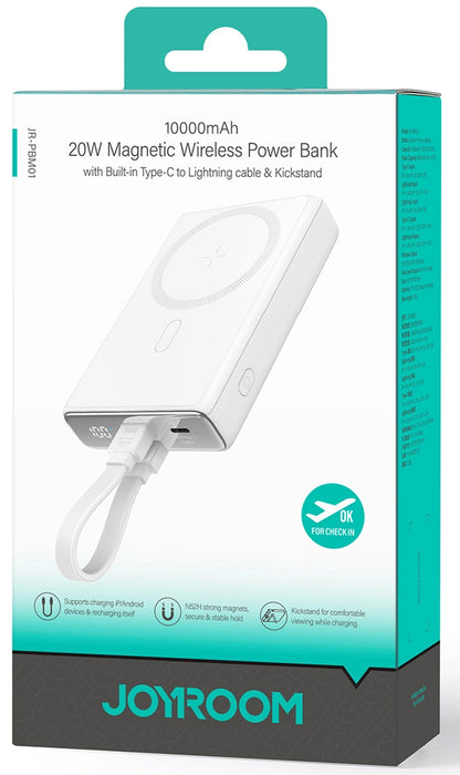 Bateria Externa Wireless Joyroom JR-PBM01, 10000mAh, 20W, QC + PD + FQI, 1 x Lightning - 1 x QI - 1 x USB-C, Branca