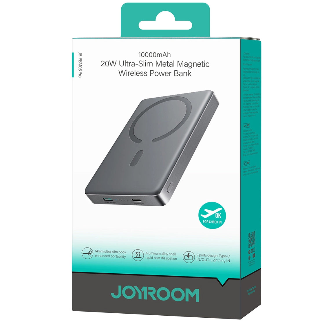 Bateria Externa Wireless Joyroom JR-PBM08 Pro, 10000mAh, 20W, PD + FQI, 1 x QI - 1 x USB-C, Cinzento