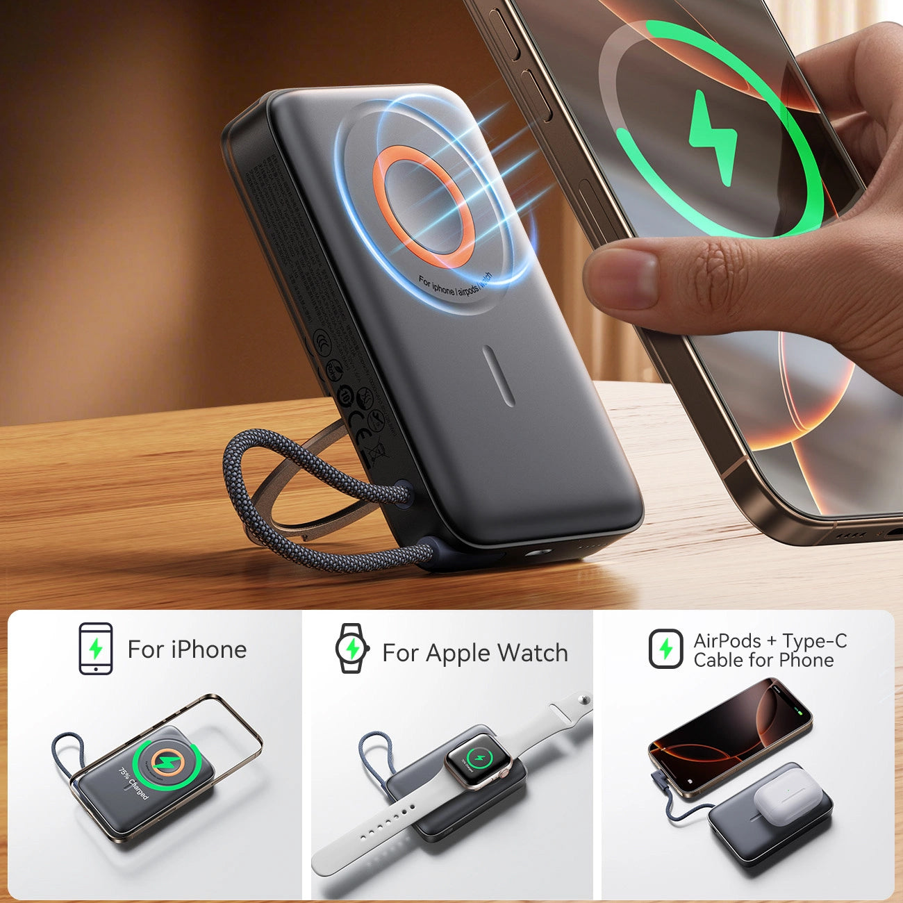 Bateria Externa Wireless Joyroom JR-PBM02, 10000mAh, 22.5W, PD + FQI, 1 x QI - 2 x USB-C, Preta