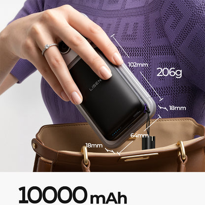 Bateria Externa Wireless Lisen P604, 10000mAh, 65W, QC + PD + FQI, 1 x QI - 1 x USB-A - 1 x USB-C, Preta