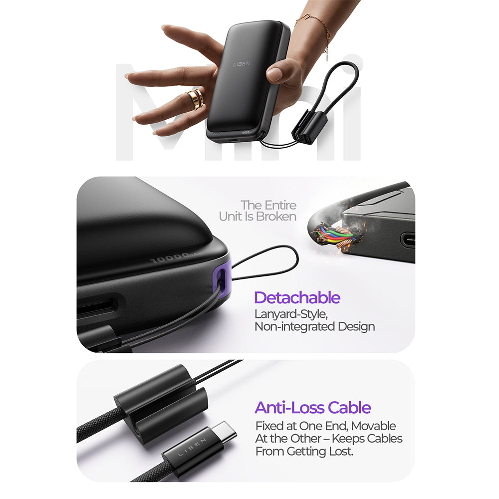 Bateria Externa Wireless Lisen P604, 10000mAh, 65W, QC + PD + FQI, 1 x QI - 1 x USB-A - 1 x USB-C, Preta