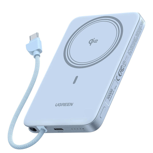Bateria Externa Sem Fios UGREEN PB570 (65839B), 10000 mAh, 30 W, PD + FQI, 1 x QI - 2 x USB-C, Azul