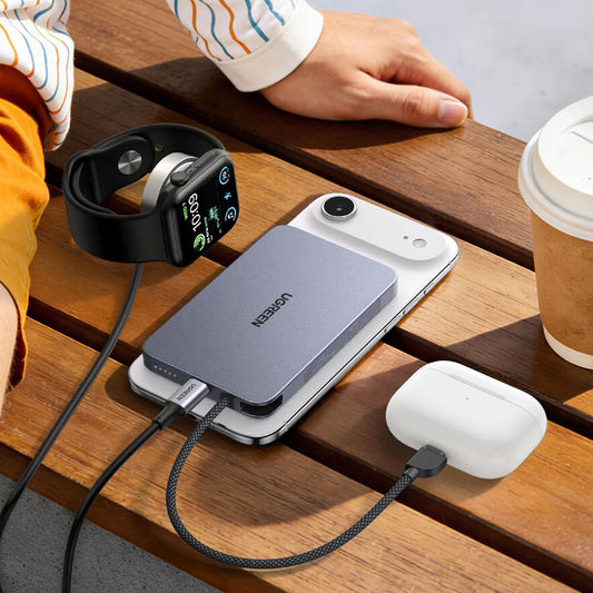 Bateria Externa Sem Fios UGREEN PB570 (75982B), 10000mAh, 30W, PD + FQI, 1 x QI - 2 x USB-C, Cinzenta