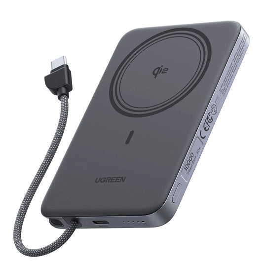 Bateria Externa Sem Fios UGREEN PB570 (75982B), 10000mAh, 30W, PD + FQI, 1 x QI - 2 x USB-C, Cinzenta