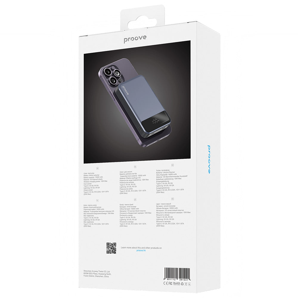 Bateria Externa Wireless Proove Hoodman, 10000mAh, 20W, PD + FQI, 1 x QI - 1 x USB-C, Cinzento PBH120010003