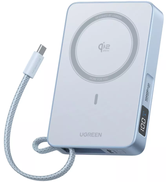 Bateria Externa Wireless UGREEN MagFlow PB773 (65958), 10000mAh, 25W, PD + FQI, 1 x QI - 2 x USB-C, Azul