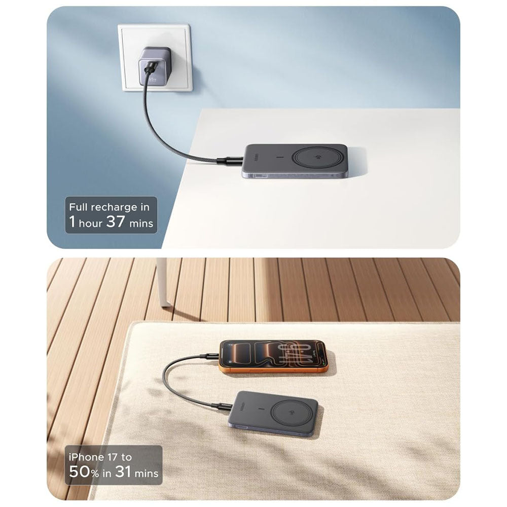 Bateria Externa Wireless UGREEN PB580 (75984B), 5000mAh, 15W, PD + FQI, 1 x QI - 1 x USB-C, Cinzento
