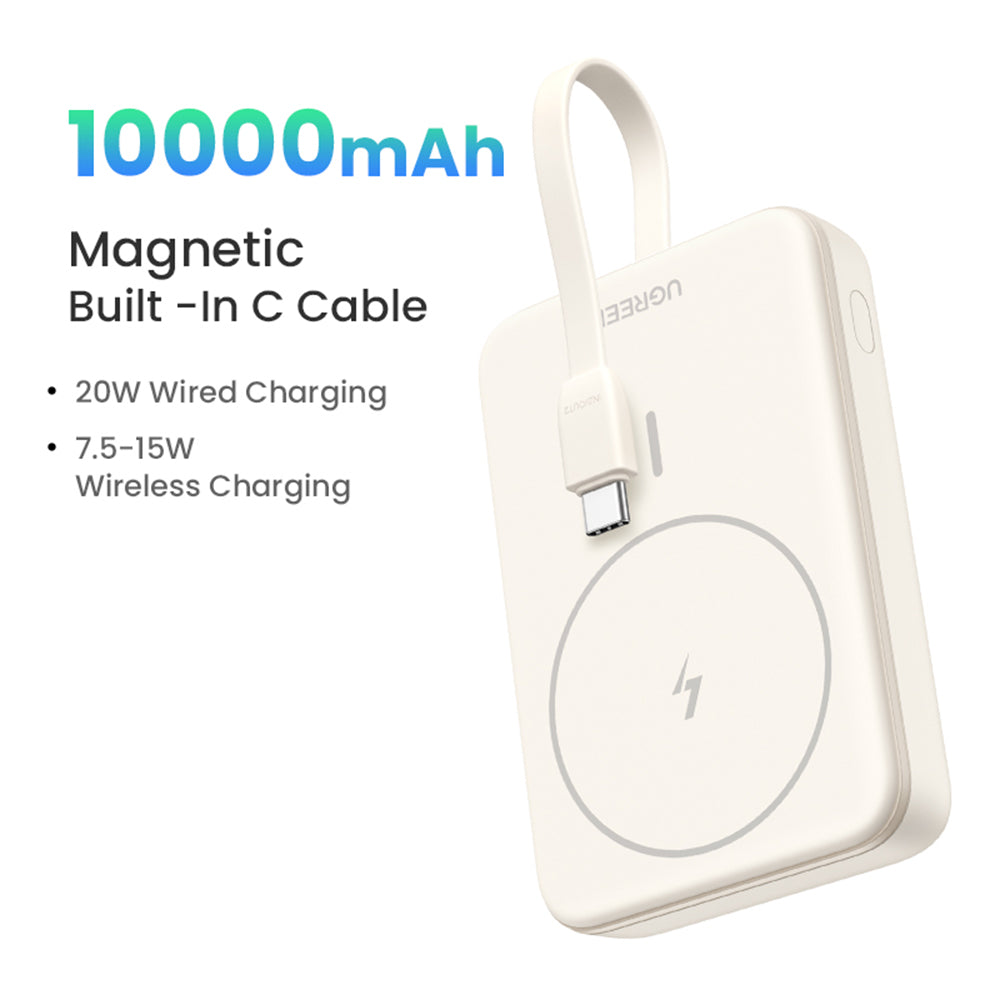 Bateria Externa Wireless UGREEN PB760, 10000mAh, 20W, PD + FQI, 1 x QI - 1 x USB-C, Bege
