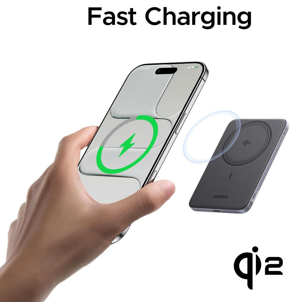 Bateria Externa Wireless UGREEN PB580 (75984B), 5000mAh, 15W, PD + FQI, 1 x QI - 1 x USB-C, Cinzento