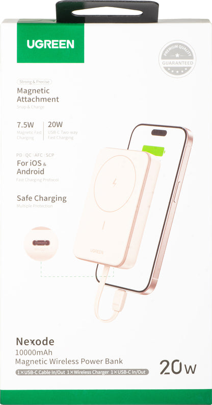 Bateria Externa Wireless UGREEN PB760, 10000mAh, 20W, PD + FQI, 1 x QI - 1 x USB-C, Bege