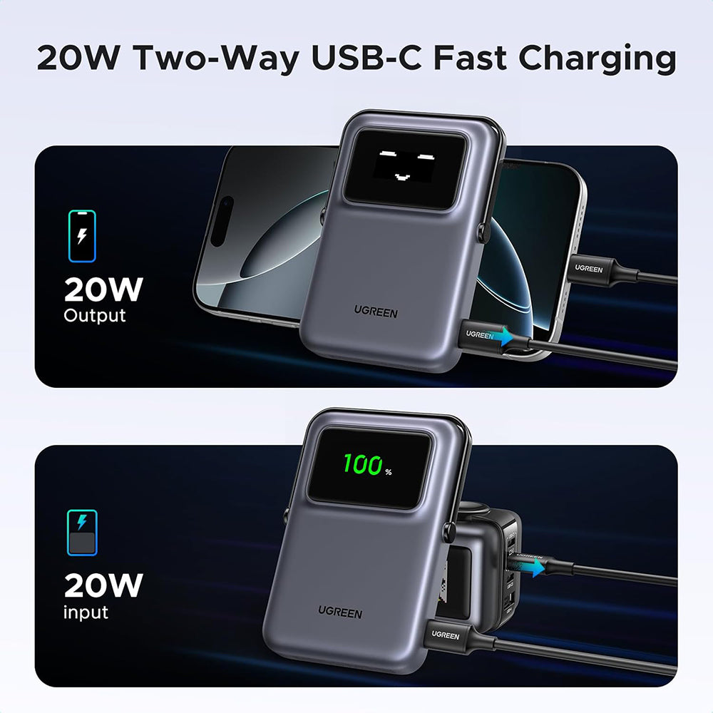 Bateria Externa Wireless UGREEN PB764 Uno, 10000mAh, 20W, PD + FQI, 1 x QI - 1 x USB-C, Cinzento